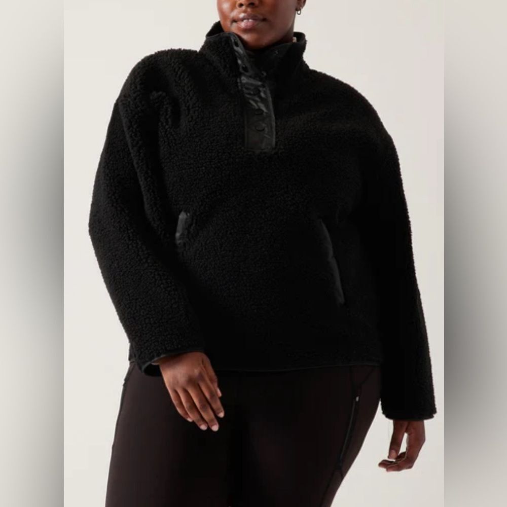 NWT Athleta Cozy Sherpa Snap Sweatshirt Black Size XL Oversized - Picture 2 of 16